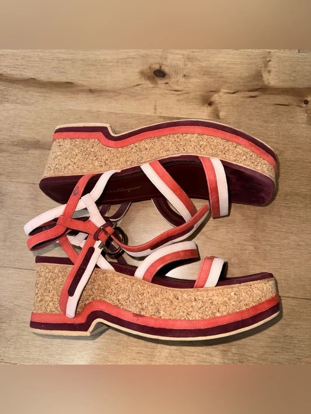 Ferragamo Vintage Platform Cork and Leather Strappy Sandal in Coral and White